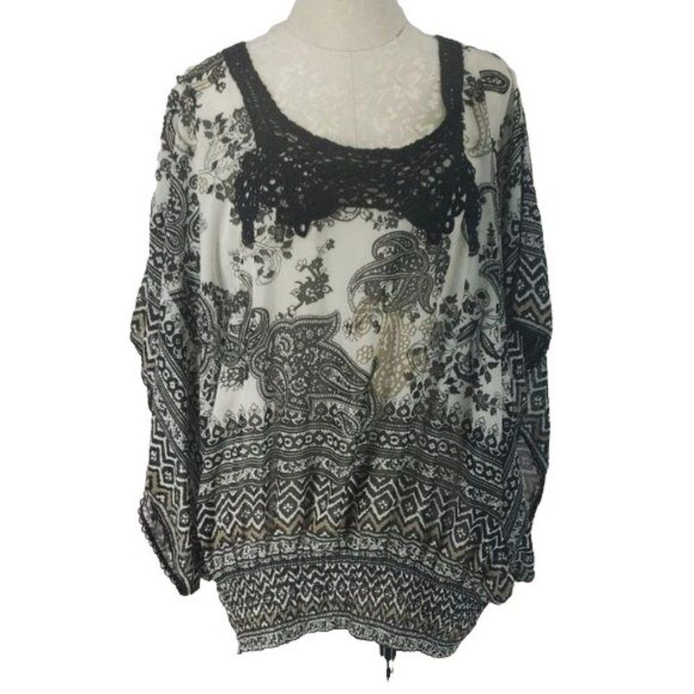 Bila Women's Plus Size‎ Black White Paisley  Batwing Kimono Blouse Size 1X